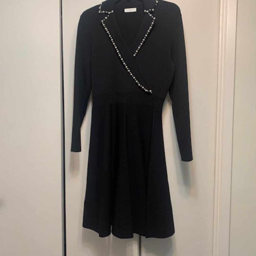 Sandro Paris Runway Faux Pearl  Black A-Line Dress Long Sleeve knit dress - Picture 6 of 6